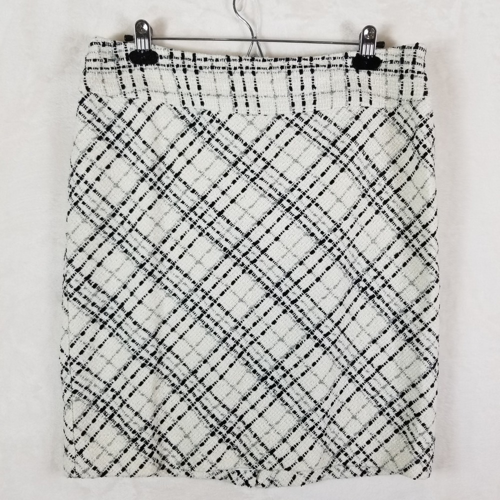 White House Black Market Tweed Skirt Blazer Suit Set 12 Black White Plaid Wool - Picture 3 of 16